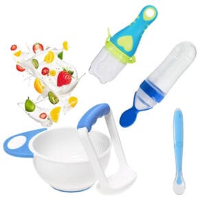 Set Diversificare 4 în 1 pentru Bebeluși – Roz / Albastru – Bol, Lingurițe & Accesorii Hrănire